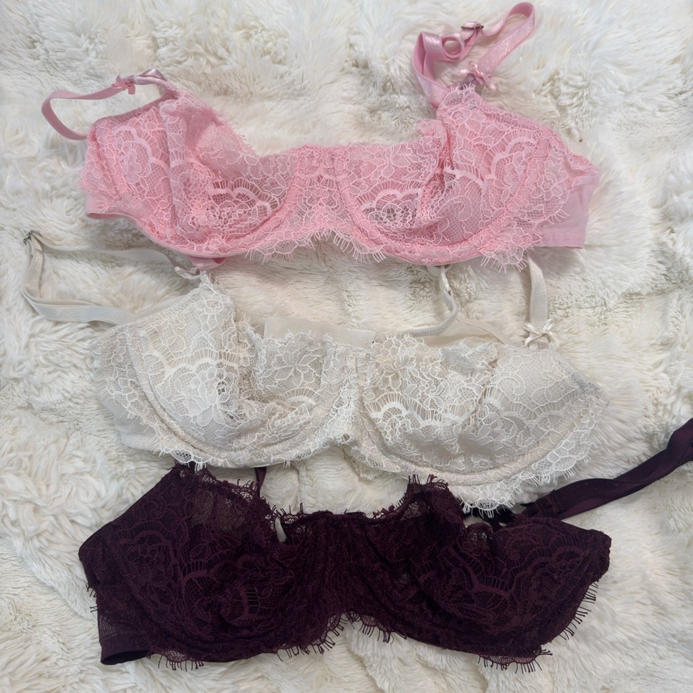 Set of 3 Lace Wicked Balconette Bras - Pink, White, and Purple 32A